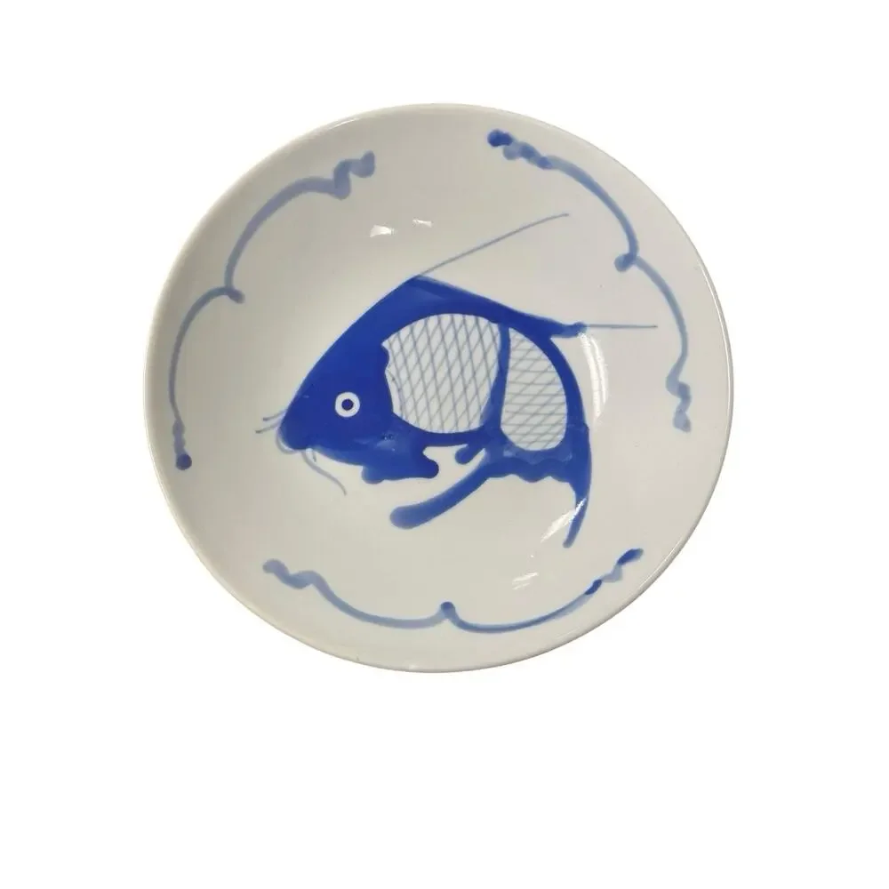 Vintage 1950s Raoping Hand Painted Blue & White Koi Fish Bowl 8in